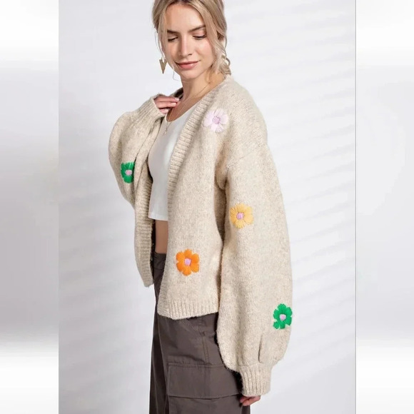 New! Easel Flower Floral Embroidered Knitted Khaki Cardigan - Picture 1 of 8